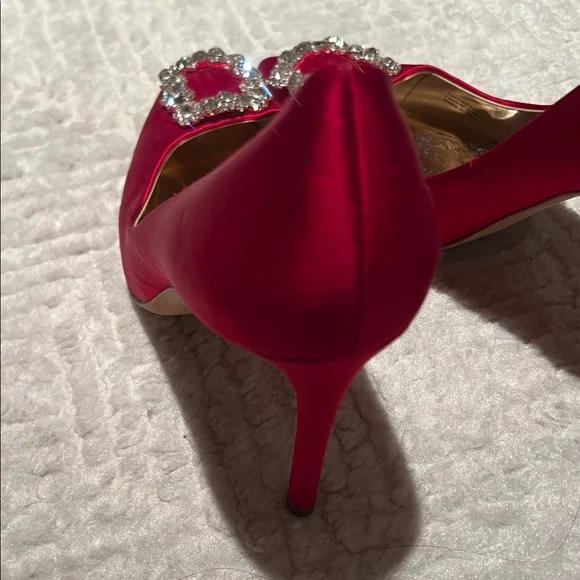 Badgley Mischka Red Satin Heels with Crystal Buckle - Picture 7 of 10